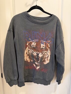 ANINE BING, M- Grey Crewneck Sweater with Tiger Graphic